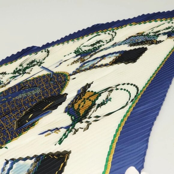 HERMES Pleated Scarf ""LES VOITURES A TRANSFORMATION"" Silk Blue Auth - Picture 6 of 16